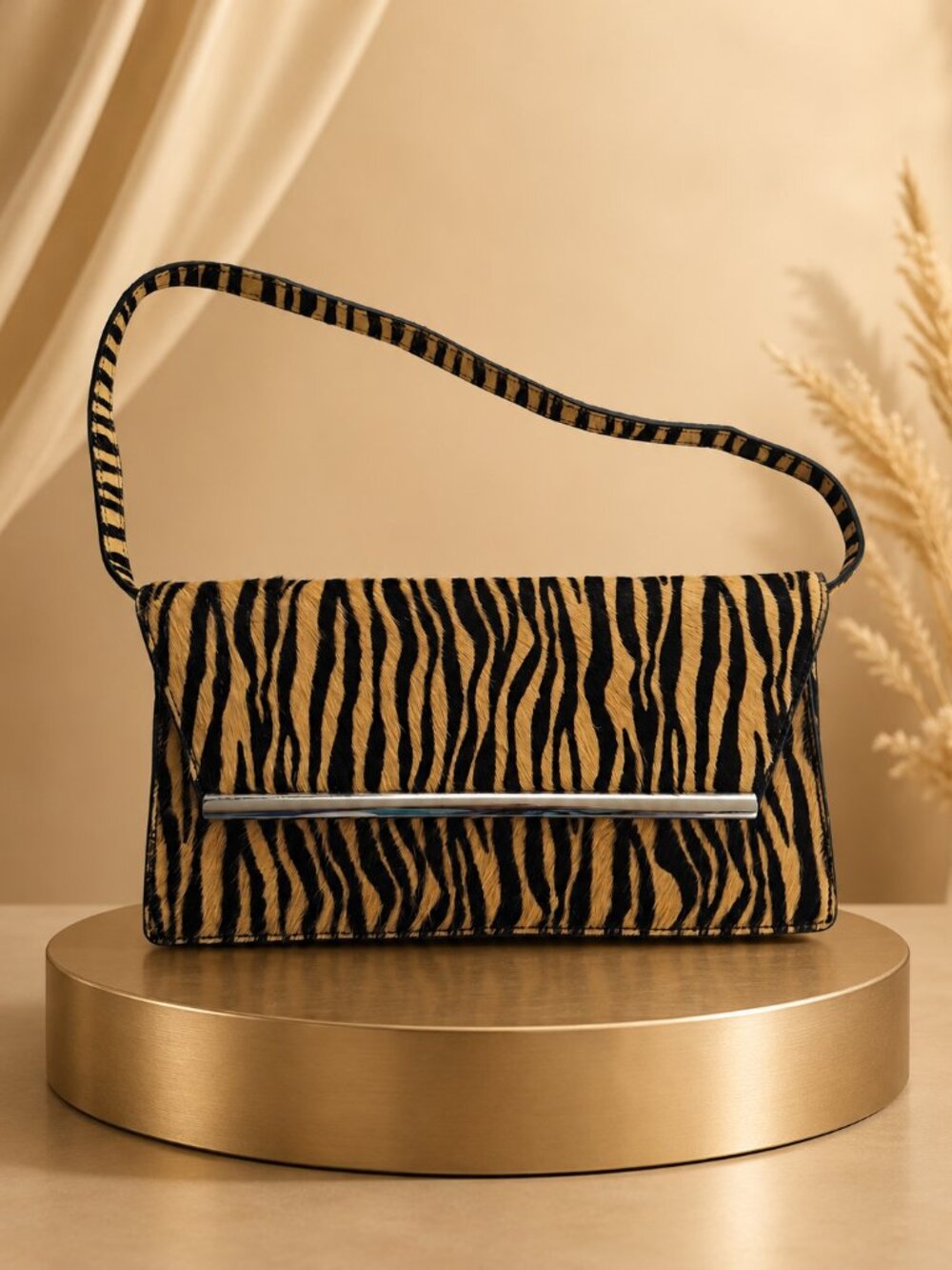 Kate Landry Genuine Calf Hair Animal Print Shoulder Bag Silver Bar Y2K Style